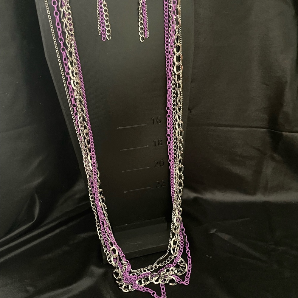 🌸$5/25🌸 - Paparazzi Purple and Silver Layered Lanyard Necklace and Matching Ear